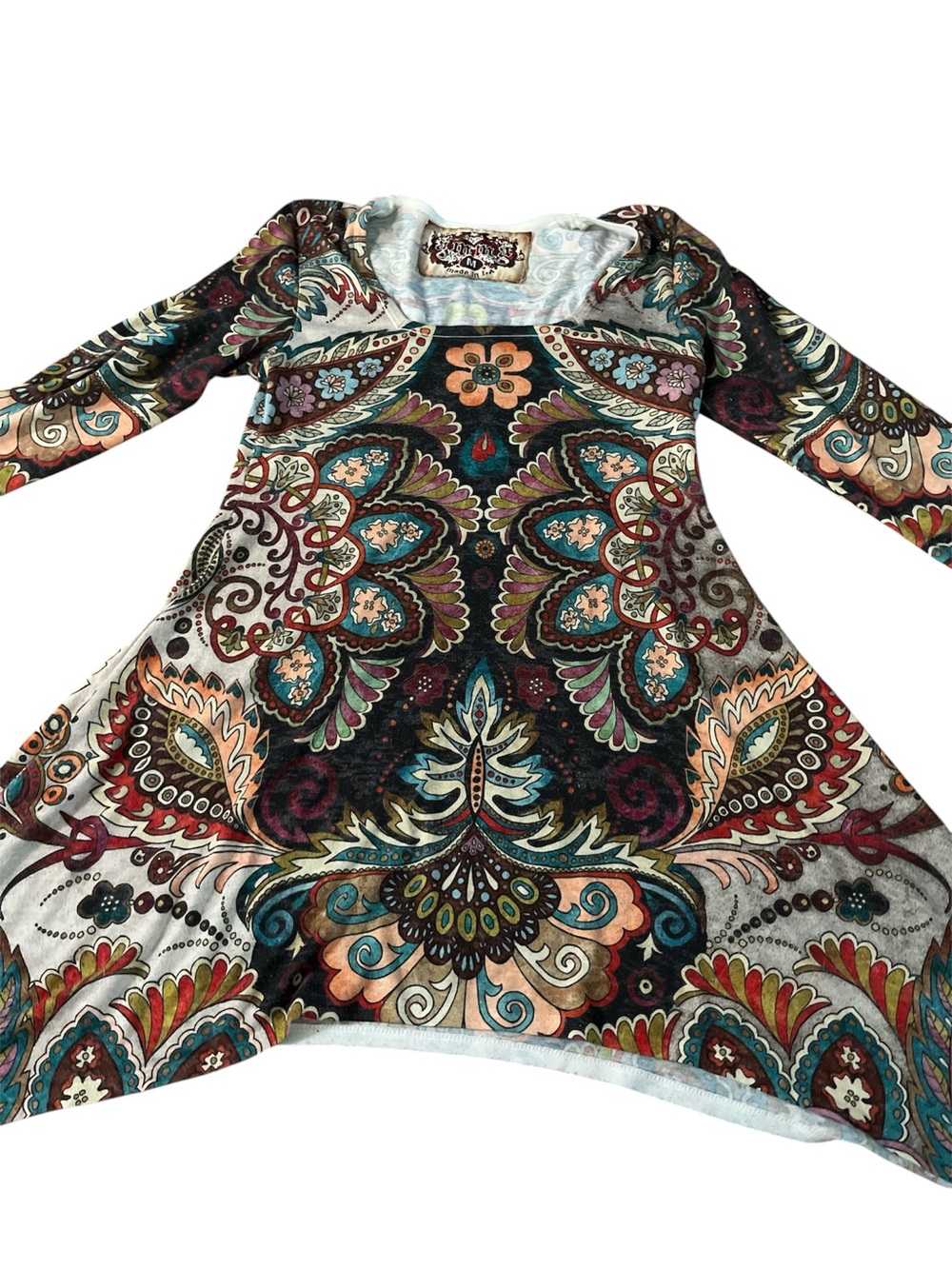 Amma Design Dress Women M Multi Color Paisley Print Asymmetrical Hem Made in USA